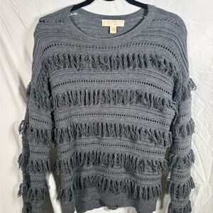 Michael Kors Gray Fringe-Texture Knit Sweater | Cozy & Elevated